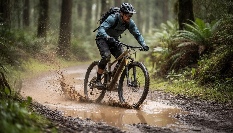 Runner’s La Sportiva trail shoes stepping through a muddy stream with water splashes