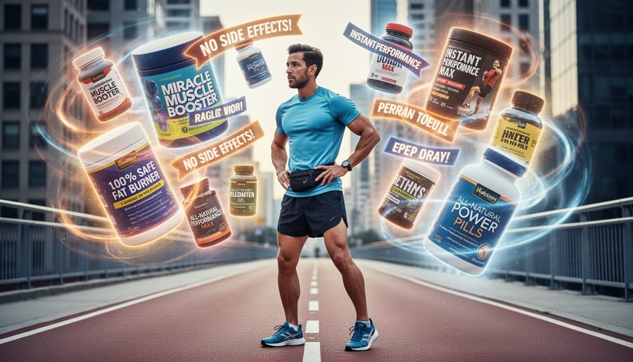 Runner with running shoes and a partially open gym bag near a supplement counter