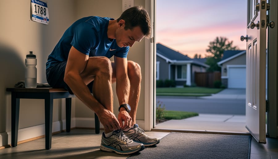 Runner tying shoelaces before a training run at sunrise
