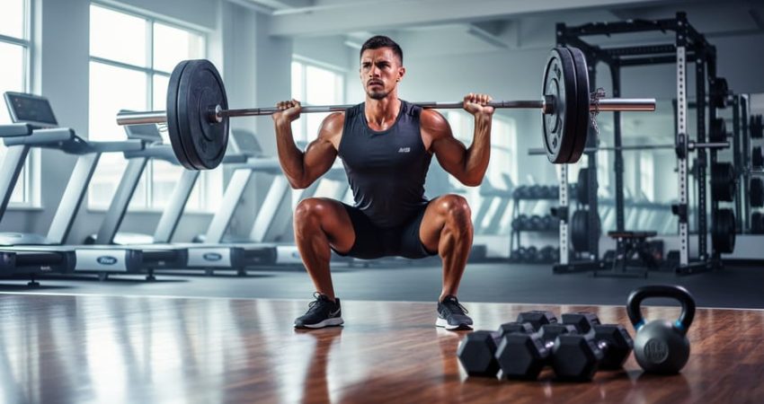 Runner performing a barbell squat in a gym with training weights visible in the background, illustrating a strength plan for faster running.