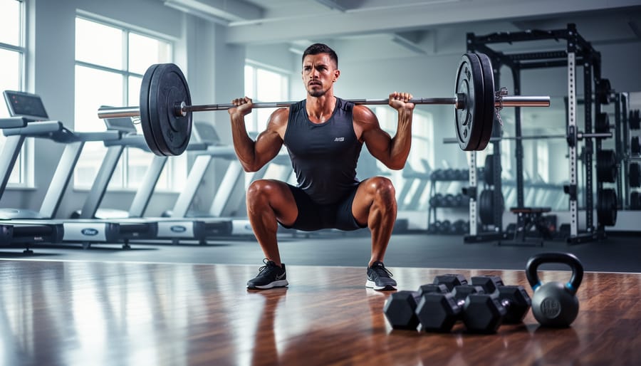 Runner performing a barbell squat in a gym with training weights visible in the background, illustrating a strength plan for faster running.