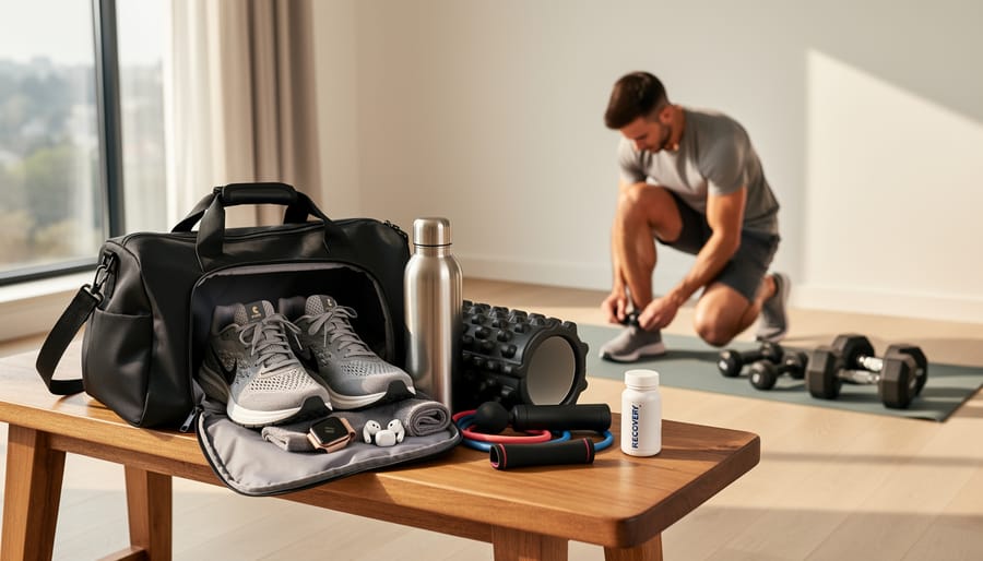 Running shoes, moisture-wicking clothing, water bottle, and foam roller arranged for training.