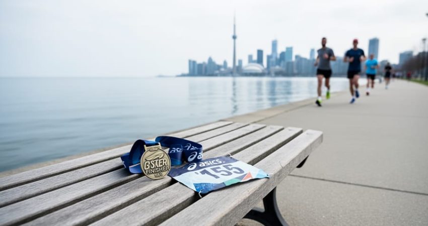 “Finisher medal and race bib on a bench along the Toronto waterfront promenade with runners and the lake in the blurred background.”