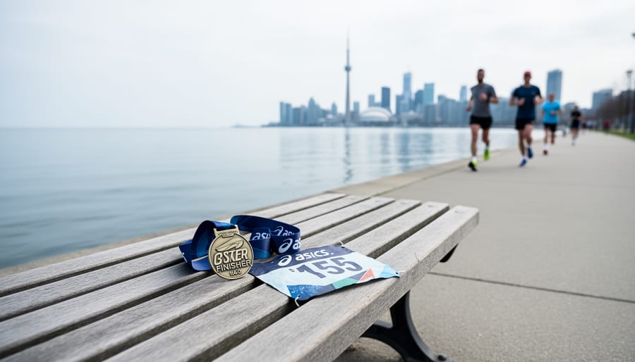 “Finisher medal and race bib on a bench along the Toronto waterfront promenade with runners and the lake in the blurred background.”