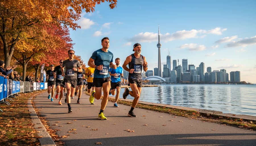 Runner sprinting along a Toronto waterfront path with autumn foliage and lake mist in the background