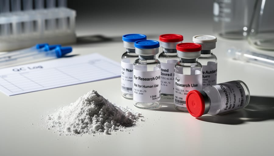 Close-up of unlabeled vials and powder containers on a kitchen counter