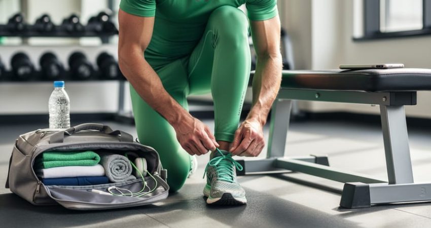 Runner tying shoelaces in a modern gym with a smartphone placed face-down on a bench to represent mindful, balanced gaming habits.