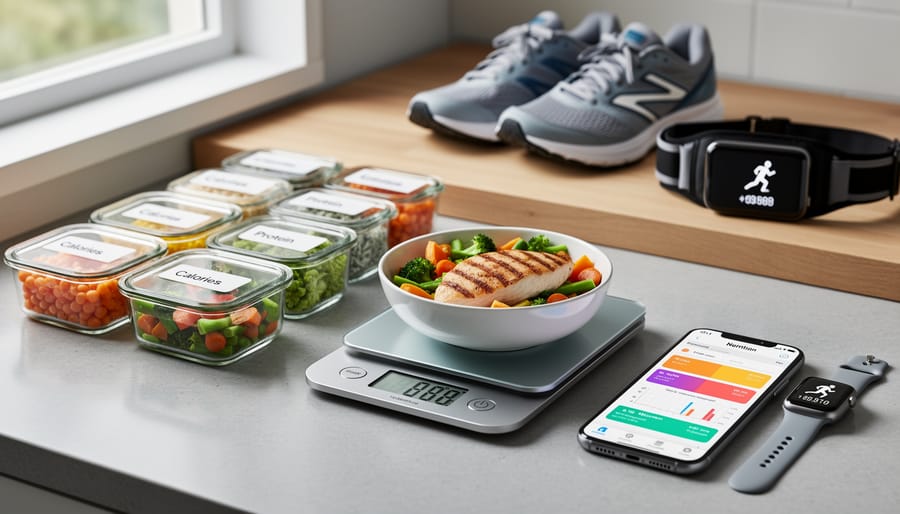 Food scale and runner nutrition-tracking tools on a kitchen counter with measured ingredients