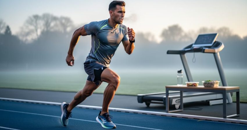 Runner training on an outdoor track in the morning with subtle fueling items in the background, illustrating fat loss without sacrificing performance.