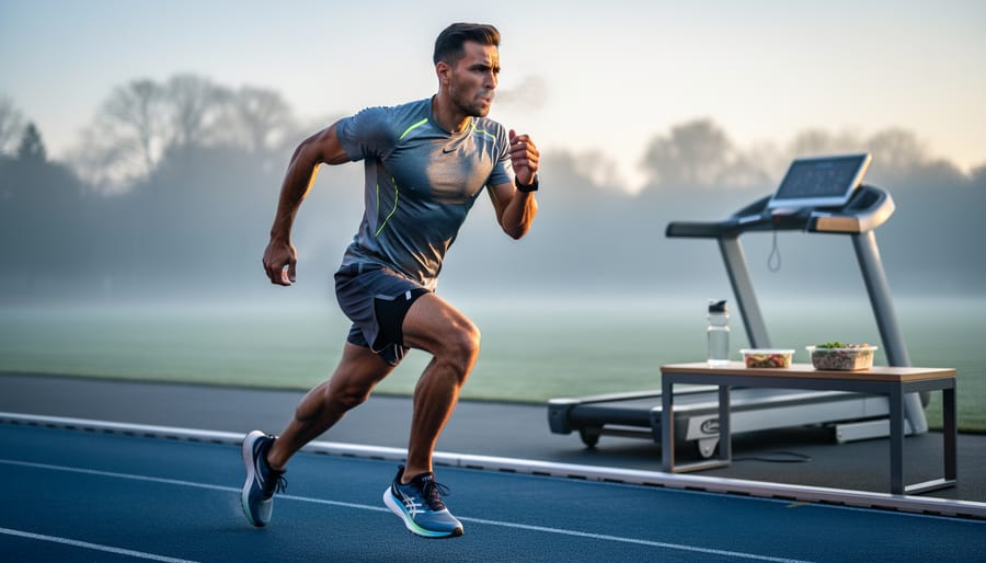 Runner training on an outdoor track in the morning with subtle fueling items in the background, illustrating fat loss without sacrificing performance.