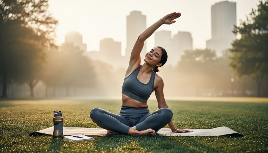 Runner stretching in a park during sunrise with warm light and green trees in the background
