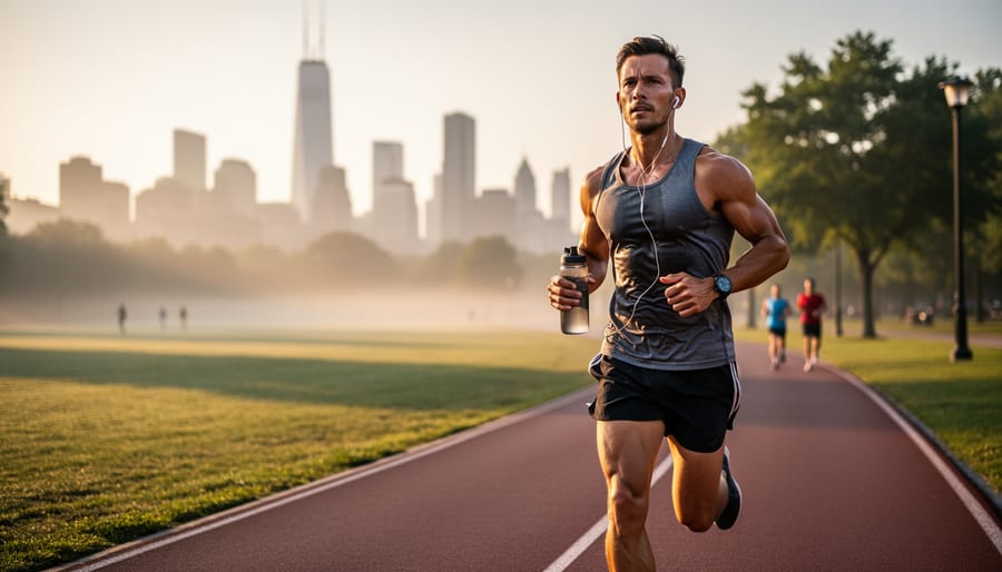 Runner tying shoelaces at the start of an outdoor run with trees and track in the background