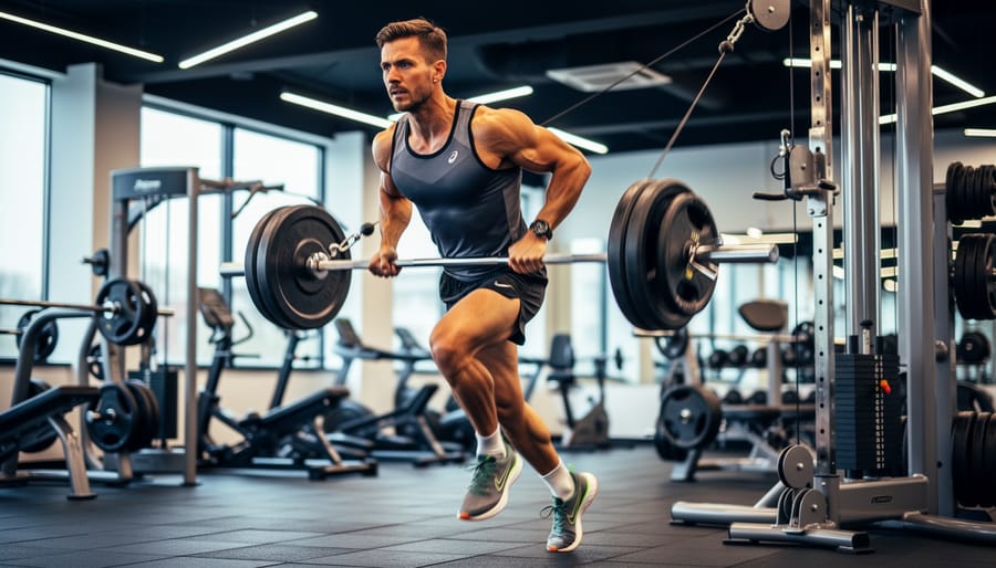 Dumbbells and resistance band on gym floor with runner stepping into view