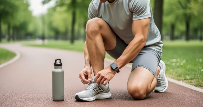 “Beginner runner tying shoelaces outdoors in a park with a watch and water bottle nearby, ready to start a gentle workout.”