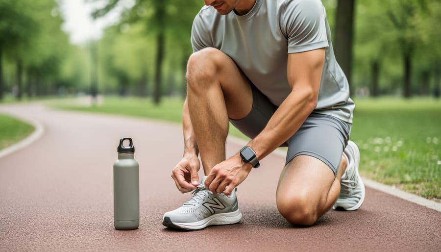 “Beginner runner tying shoelaces outdoors in a park with a watch and water bottle nearby, ready to start a gentle workout.”