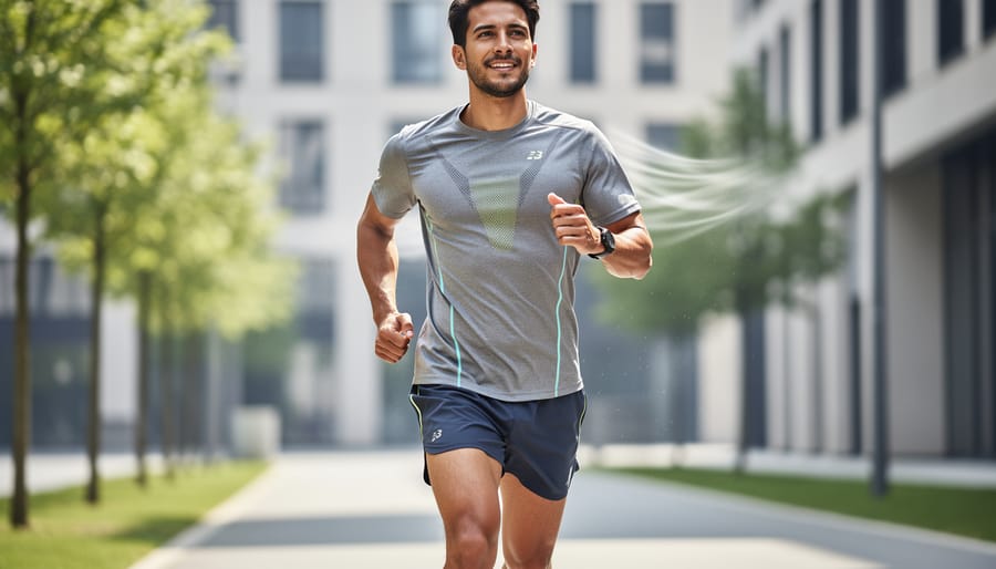 Compression knee sleeve placed near a fan and water droplets to suggest breathable comfort for running.