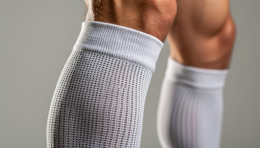 Close-up of a compression knee sleeve fabric texture laid out on a neutral background.