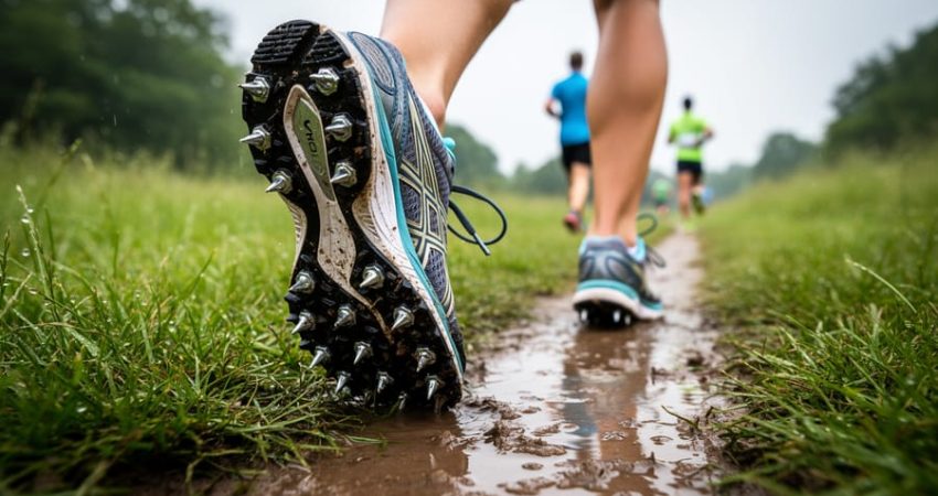 Close-up of spiked cross country running shoes gripping wet grass on a muddy trail, showing aggressive traction tread and outsole protection.