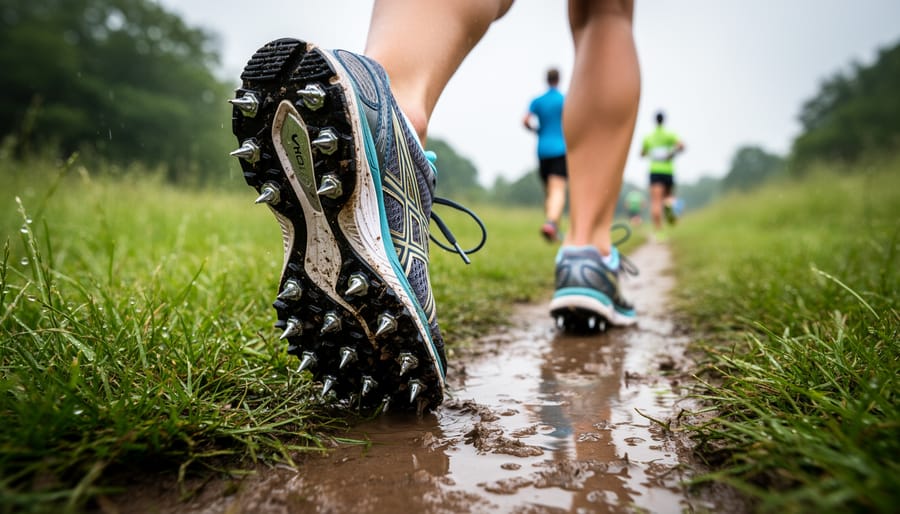 Close-up of spiked cross country running shoes gripping wet grass on a muddy trail, showing aggressive traction tread and outsole protection.