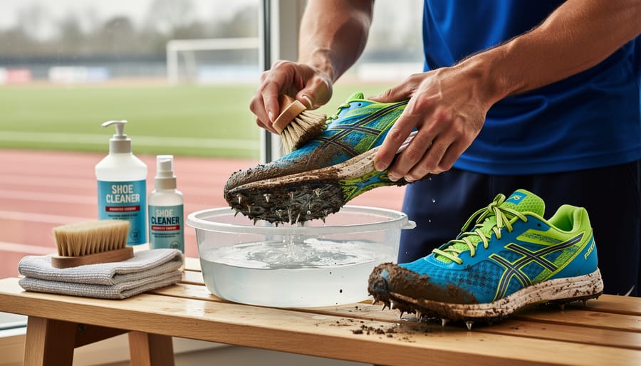 Cross-country running shoes on a porch step with a muddy brush and towel for cleaning.