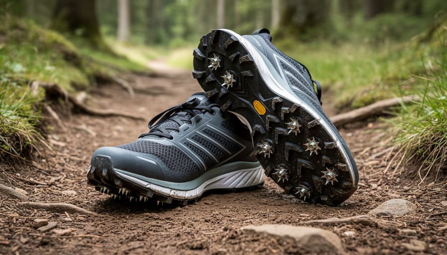 Cross-country running shoes, one spiked and one spikeless, placed on wet grass with clear outsole traction details.