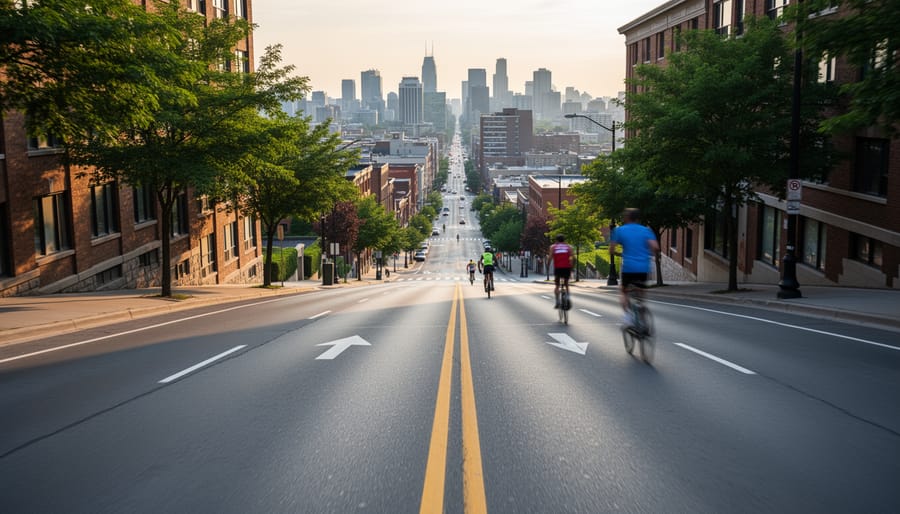 A marathon runner descending a road toward a bright park skyline in golden light.