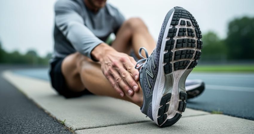 Close-up of a runner seated outdoors pressing the arch of one foot next to a running shoe, suggesting foot pain after running.