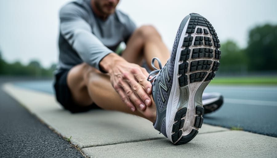 Close-up of a runner seated outdoors pressing the arch of one foot next to a running shoe, suggesting foot pain after running.