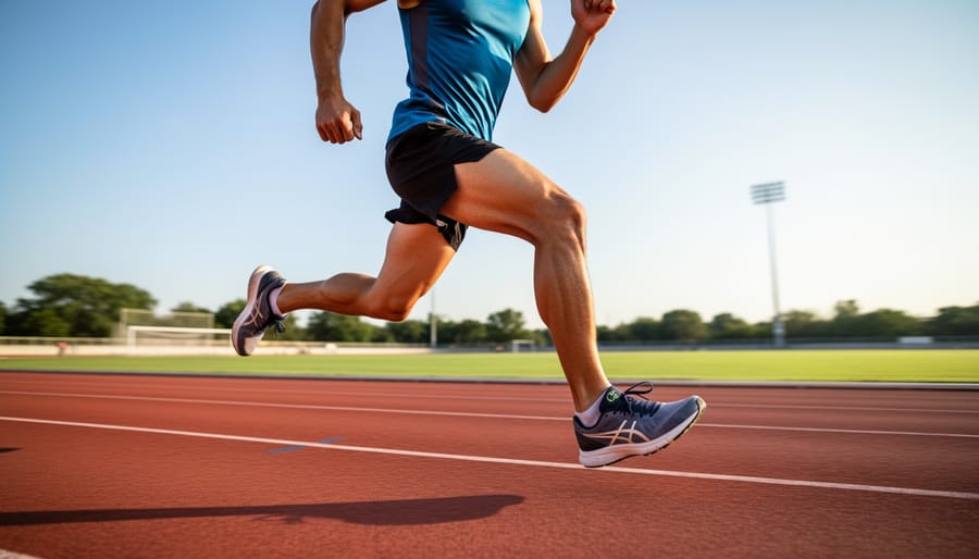 Low-angle view of a beginner runner demonstrating proper posture mid-stride