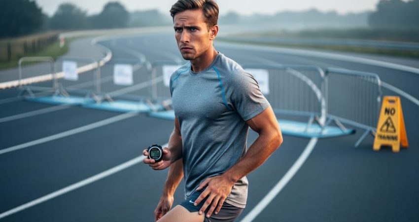 Runner standing near a track start area holding a stopwatch, looking prepared yet cautious before attempting a half marathon without training.