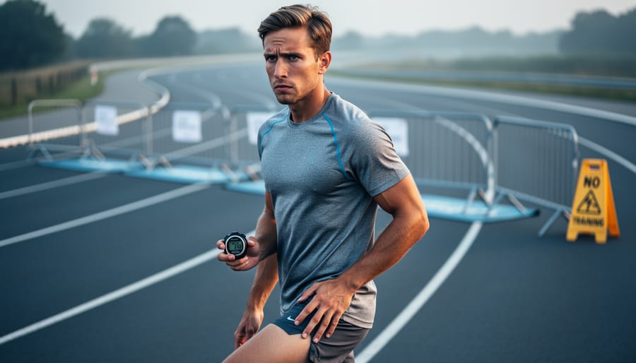 Runner standing near a track start area holding a stopwatch, looking prepared yet cautious before attempting a half marathon without training.
