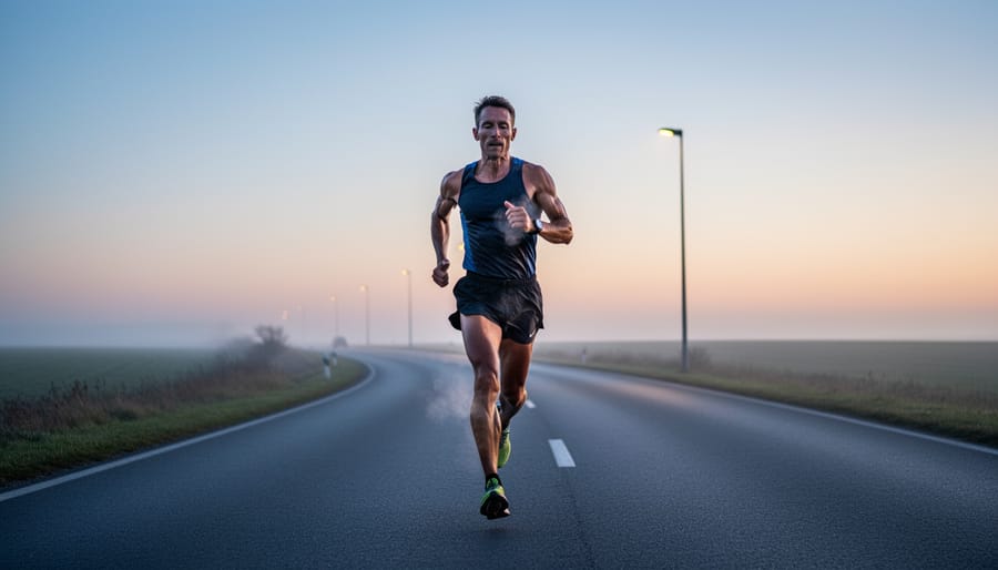 Runner on a quiet road during a long run at sunrise