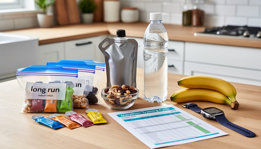 Marathon fueling and hydration items arranged on a kitchen counter