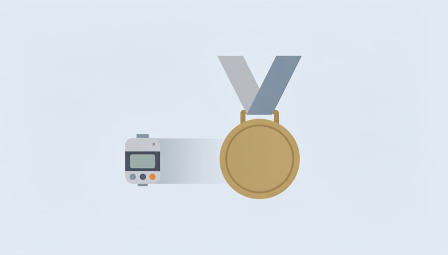 A marathon medal and timing chip resting on a stone bench near a fountain.