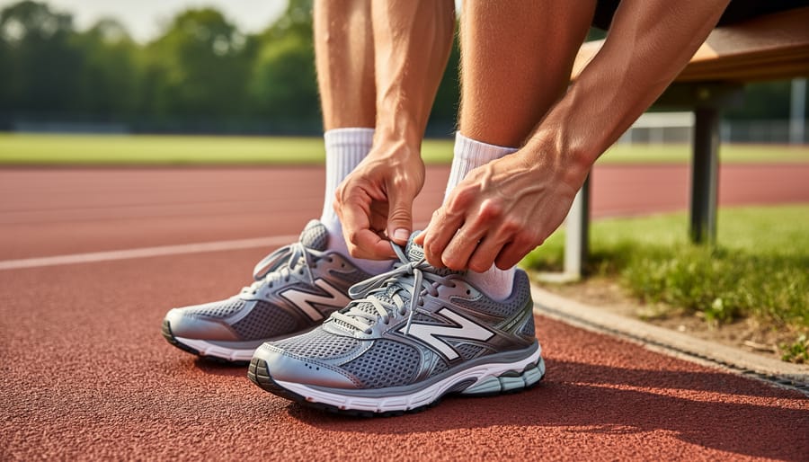 Close-up of running shoes being laced in a sports store