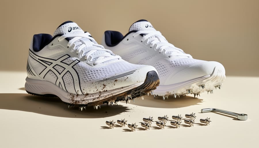 Close-up of removable cross-country spikes being held above a spiked running shoe outsole.