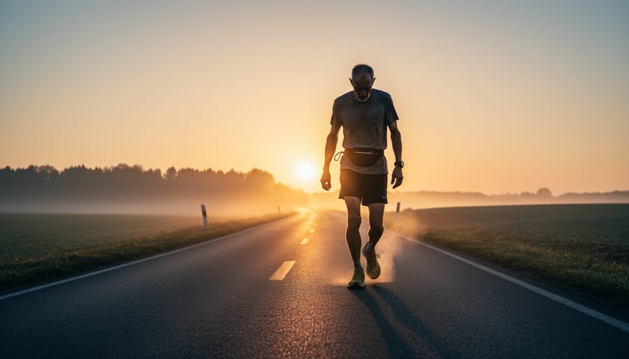 Runner on a path at sunrise using a steady run-walk rhythm with trees and landscape in the background.