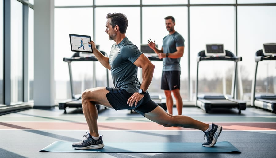 Runner performing a 90/90 hip mobility stretch on a yoga mat