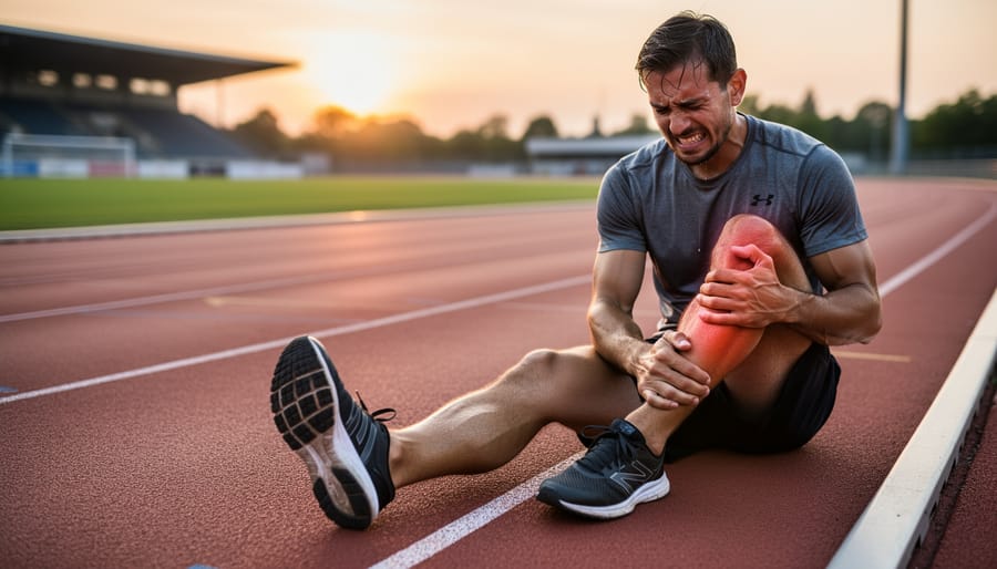 Runner seated by the curb holding an aching ankle in a realistic outdoor street setting.