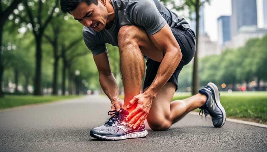 Runner sitting on a track holding an aching foot in discomfort