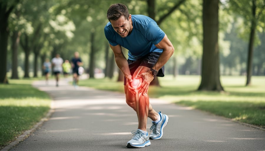 Runner sitting and holding the affected knee, illustrating pain related to runners knee.