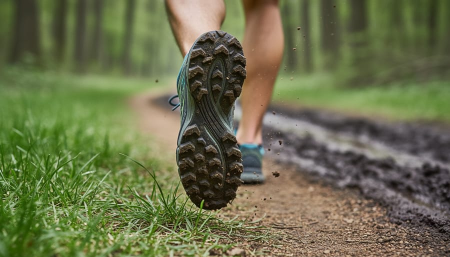 Runner’s shoes on a mixed cross-country course of grass, dirt, and shallow mud.