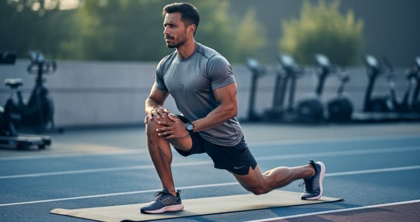 Runner performing a controlled lunge mobility stretch on a yoga mat in an outdoor or studio setting.