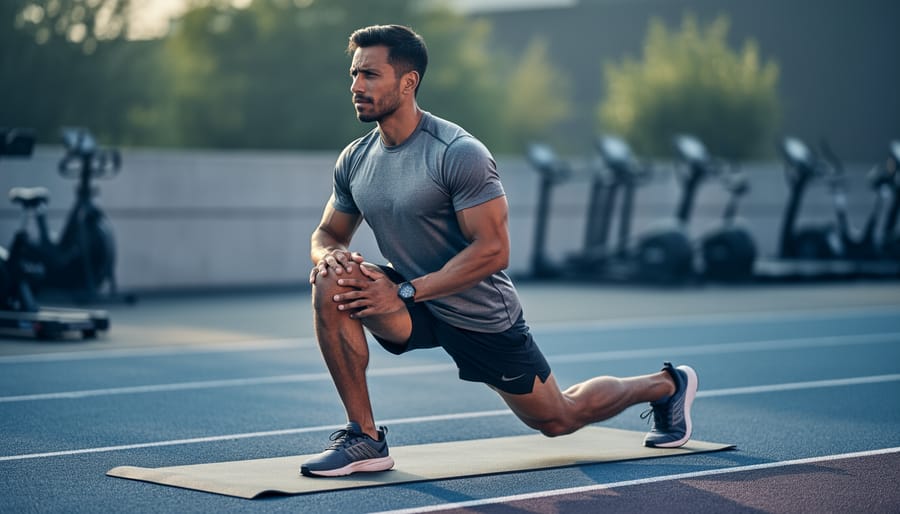 Runner performing a controlled lunge mobility stretch on a yoga mat in an outdoor or studio setting.