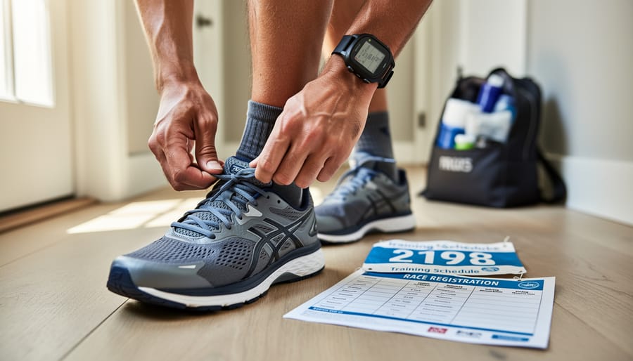 A runner tying their running shoes on a city sidewalk.