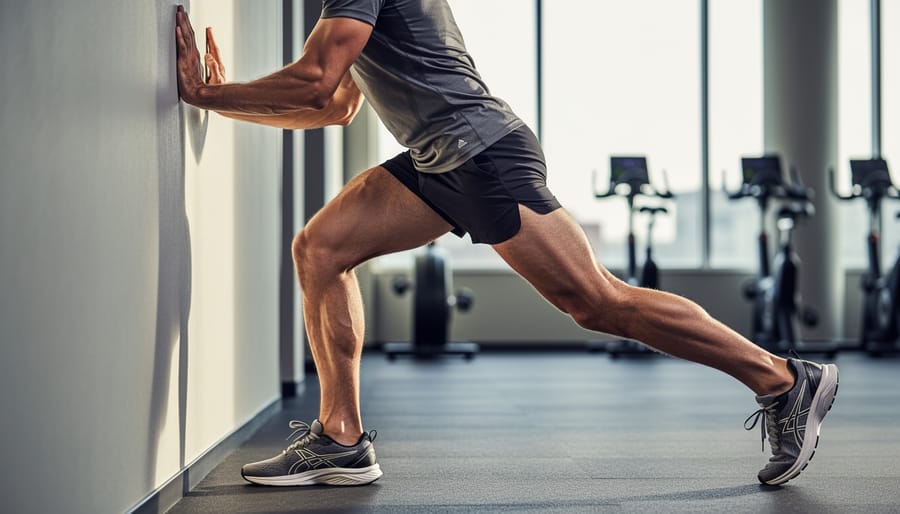 Runner stretching ankle mobility against a wall in a training studio