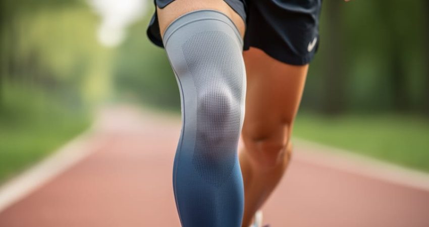 Close-up of a runner’s knee wearing a graduated compression sleeve with the outdoor running path blurred in the background.