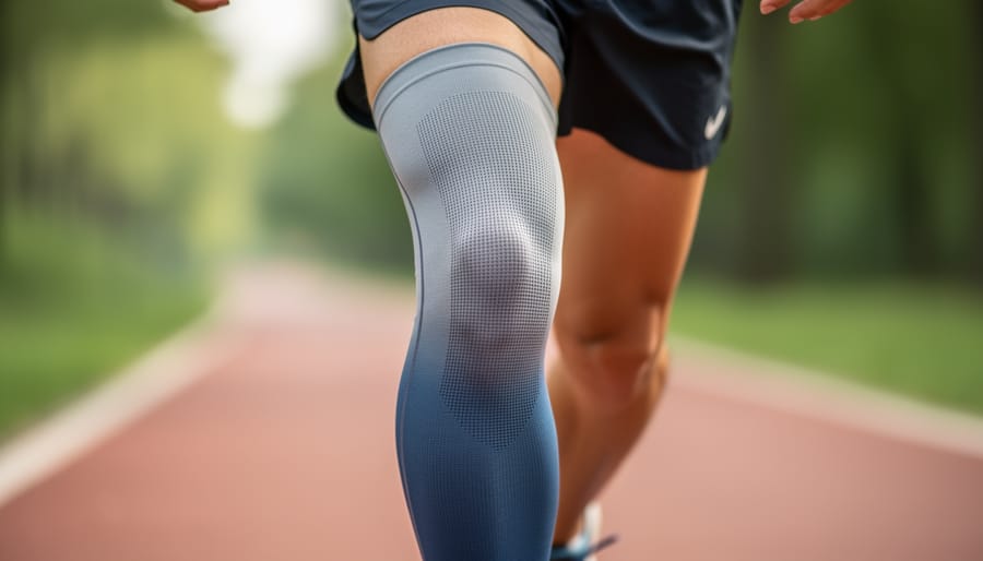 Close-up of a runner’s knee wearing a graduated compression sleeve with the outdoor running path blurred in the background.