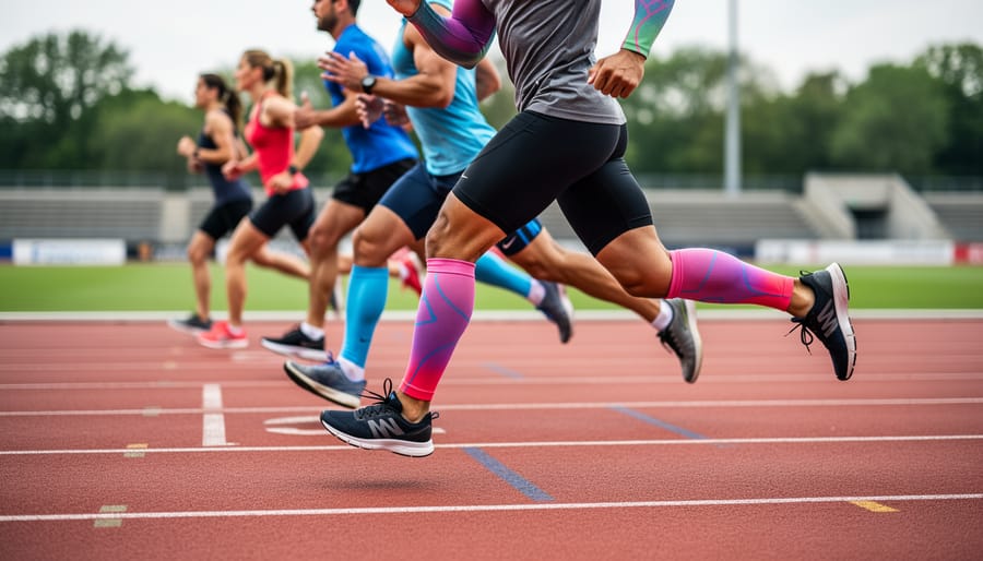 Runners jogging on a track with visible compression sleeves on their knees.