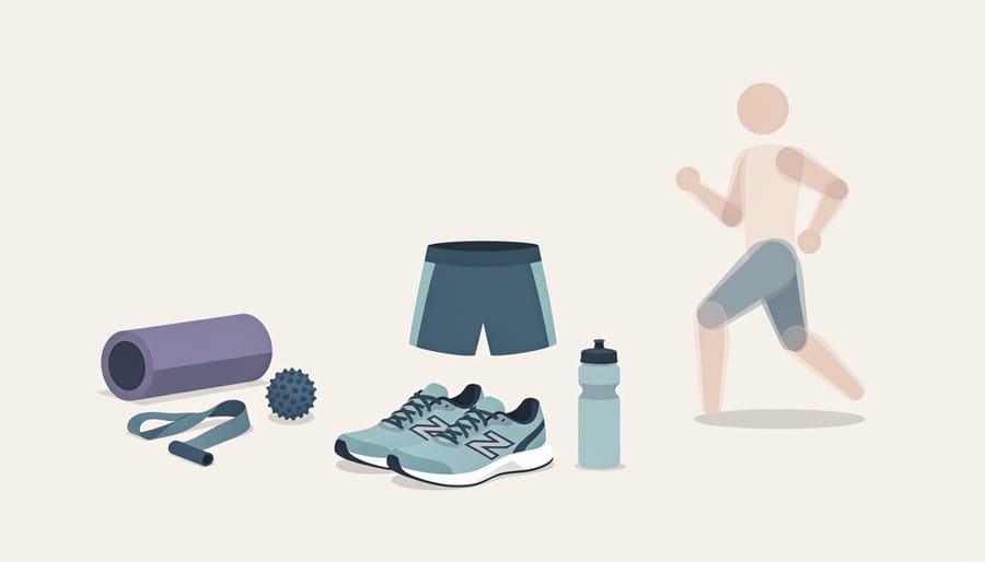 Running shoes and mobility tools on a track near a yoga mat